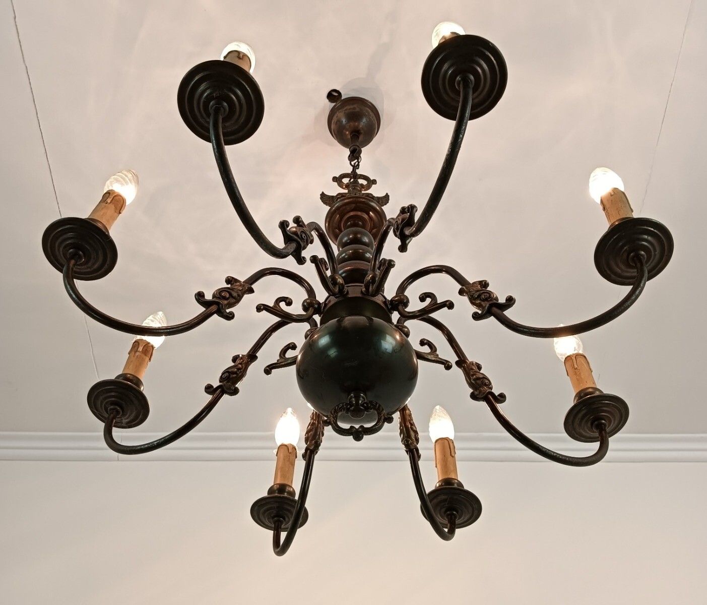 Vintage Chandelier Flemish Dutch Brass  Fish 8 Lights Beautiful Farmhouse Style photo Lighting