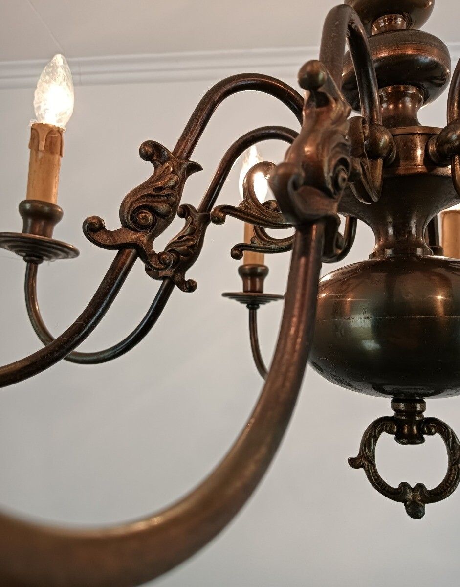 Lighting Vintage Chandelier Flemish Dutch Brass  Fish 8 Lights Beautiful Farmhouse Style photo