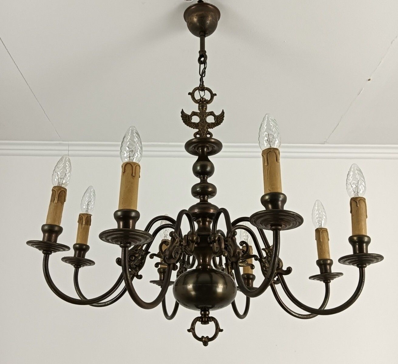567.0 Vintage Chandelier Flemish Dutch Brass  Fish 8 Lights Beautiful Farmhouse Style photo