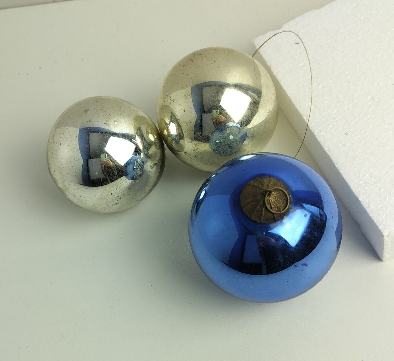 Antique Witch Witches Round  Ball 2 Silver 1 Bluecrackle Mercury Glass Ornate Pr photo for sale