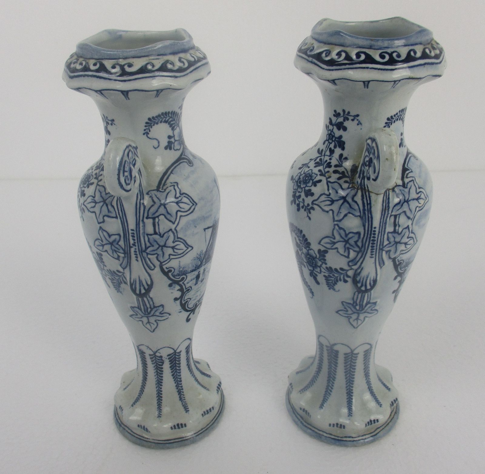 Pair Couple Antiqe Small Vases Delft Holland Blue White Porcelain Marked Hand Pa photo furniture