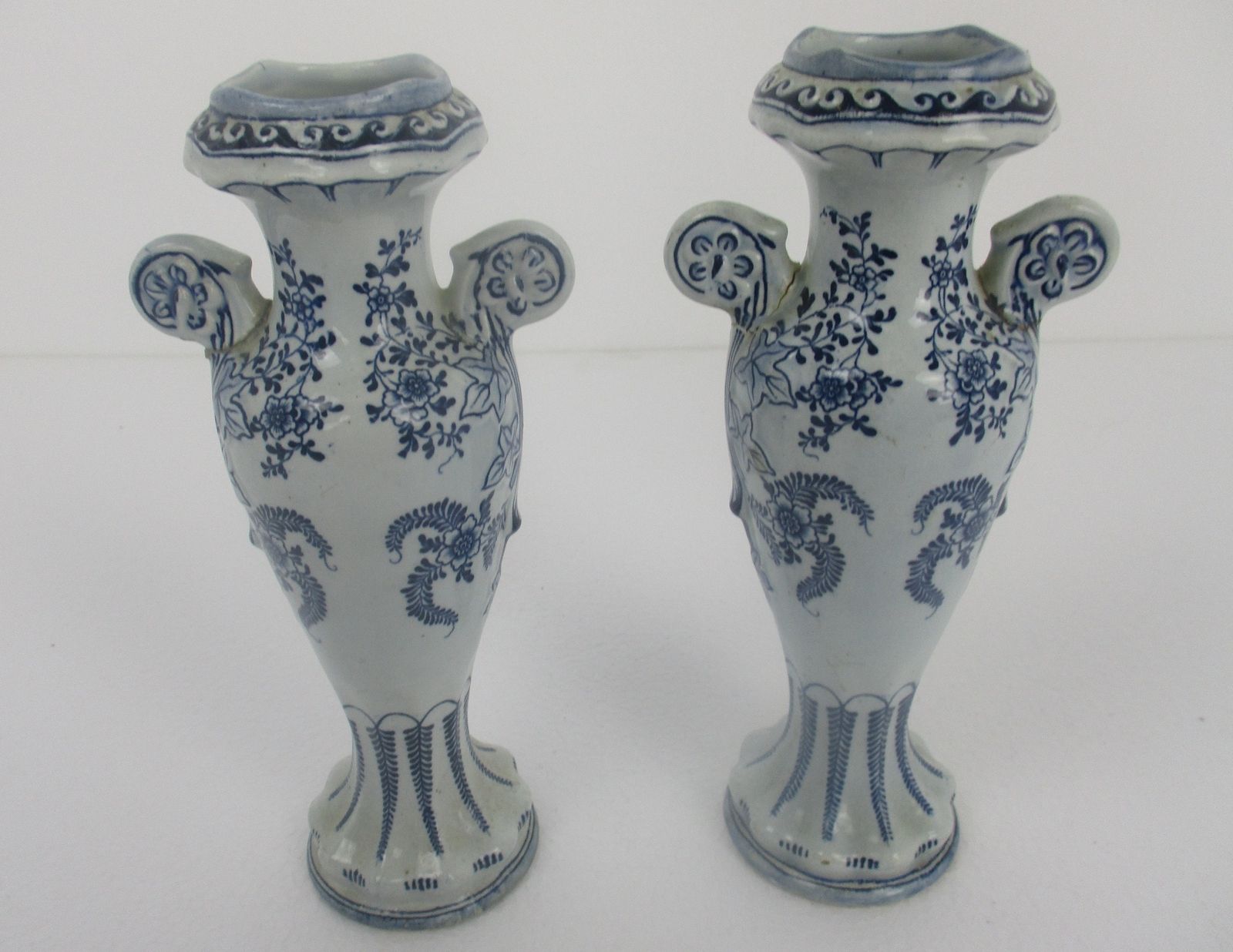 Pair Couple Antiqe Small Vases Delft Holland Blue White Porcelain Marked Hand Pa photo for sale