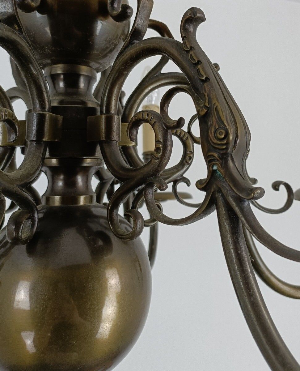 Flemish Dutch Chandelier 6 Arms Lights Brass  Htf Vintage Barn Farmhouse Style photo 526.0