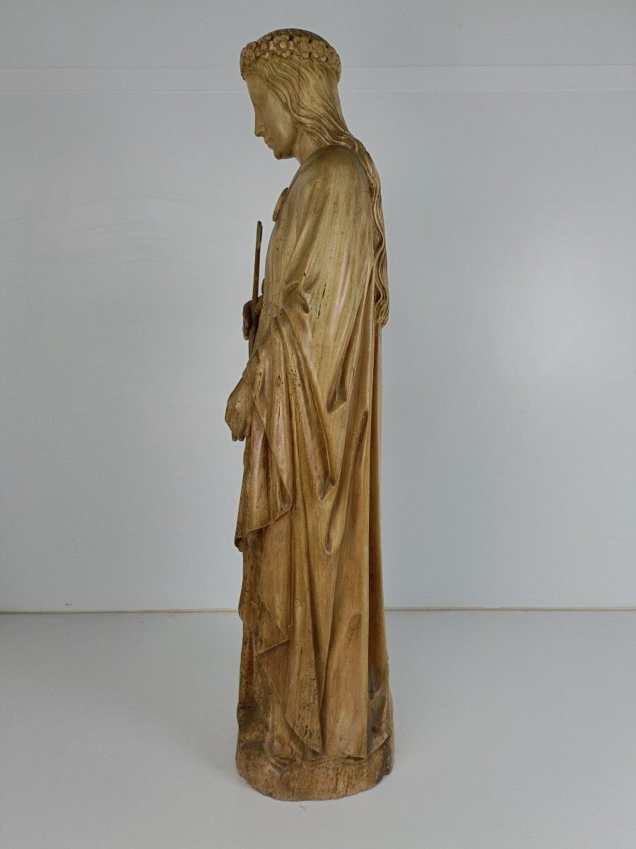 Large Statue Church Hand Carved Wood Antique Saint Ursula Arrow 19th Century Htf photo for sale