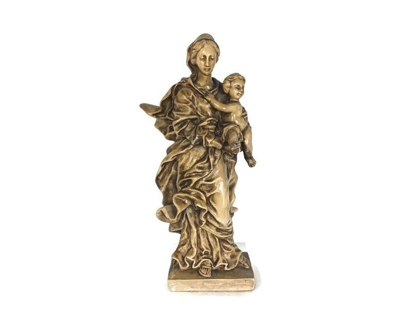 Large  Virgin Mary Our Lady Madonna Plaster  Statue  Gold Colored Infant Child R