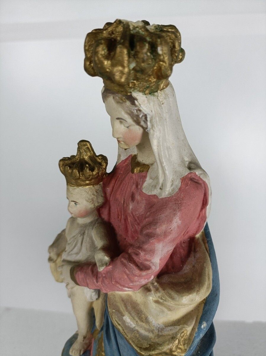 Antique Neo Gothic Statue Plaster Polychrome Our Lady Of Victory With Infant Jes photo 182.0