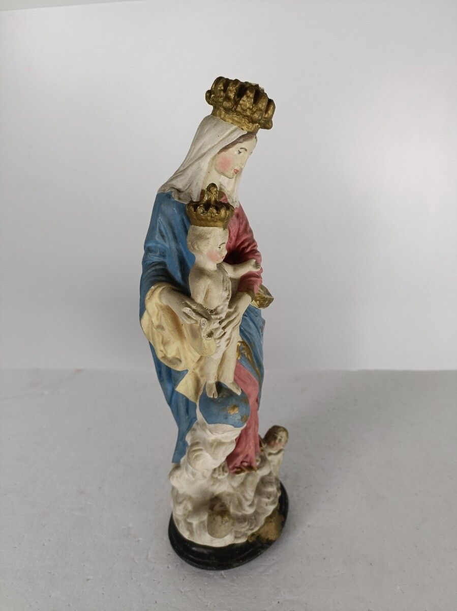 Antique Neo Gothic Statue Plaster Polychrome Our Lady Of Victory With Infant Jes photo vinterior