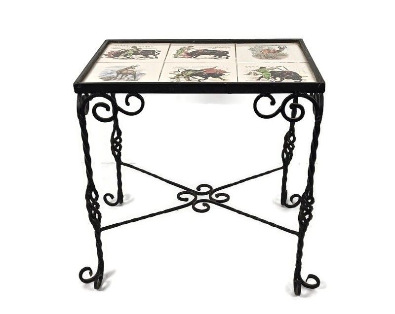 Vintage Side Table Plant Stand Mosaic Tiles Wrought Iron Bull Fighting Retro