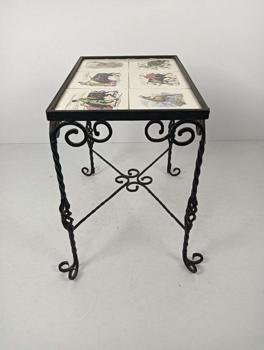 photo for sale Vintage Side Table Plant Stand Mosaic Tiles Wrought Iron Bull Fighting Retro