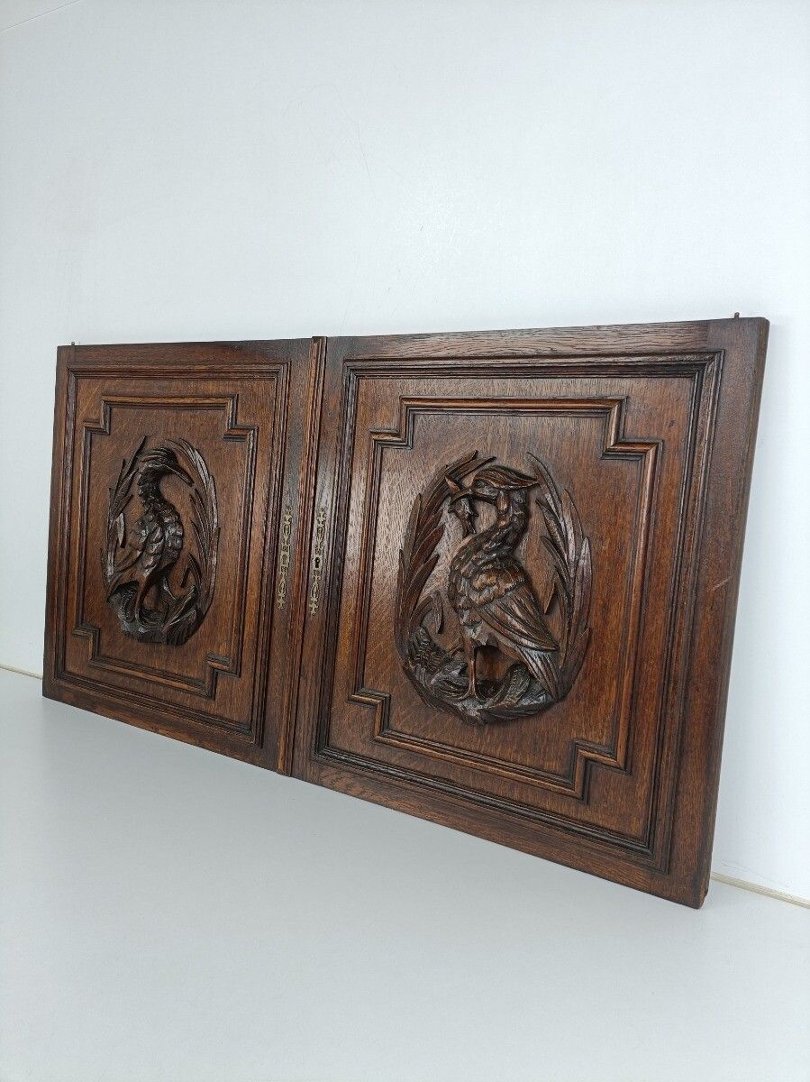 Pair Antique French Hand Carved Wood Oak Door Panels Reclaimed Architectural Her photo for sale
