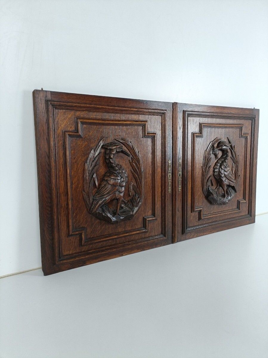 Pair Antique French Hand Carved Wood Oak Door Panels Reclaimed Architectural Her photo Home Fixtures