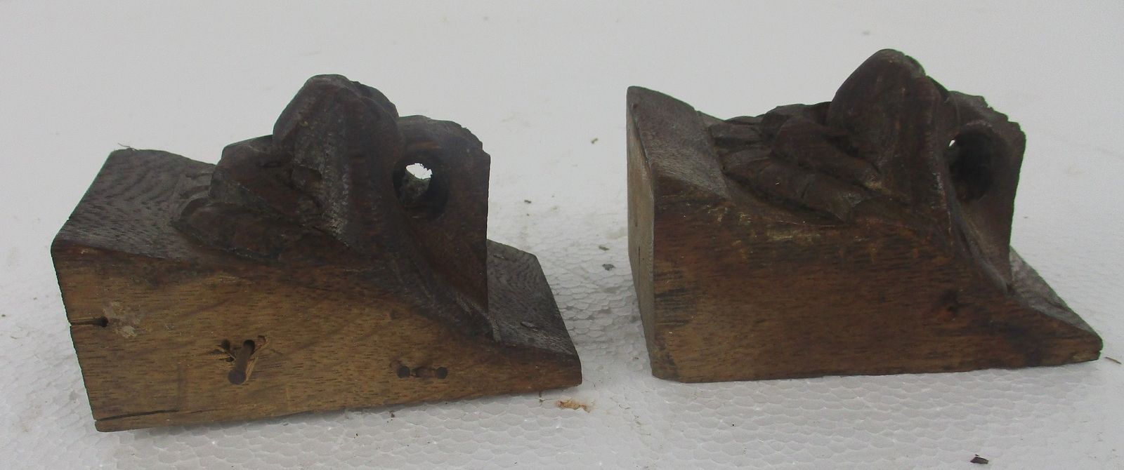 Antique Pair Corbels Hand Carved Wood Architectural Reclaimed Lion Heads Trim photo for sale
