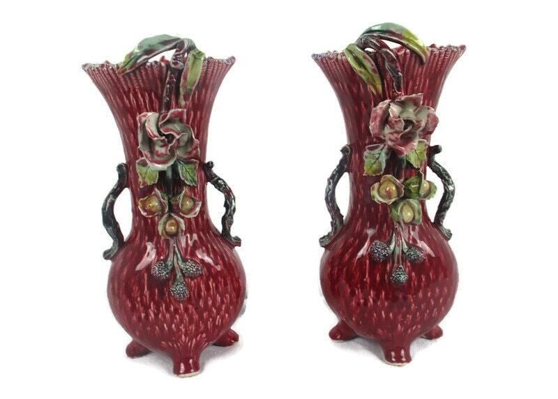 Set Of 2 Pair French Barbotine Majolica Vases Planters Centerpiece Gorgeous Flow