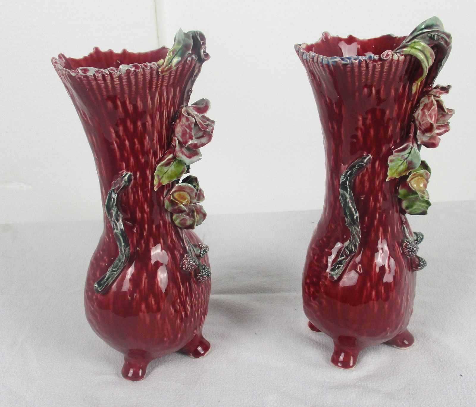 Set Of 2 Pair French Barbotine Majolica Vases Planters Centerpiece Gorgeous Flow photo for sale