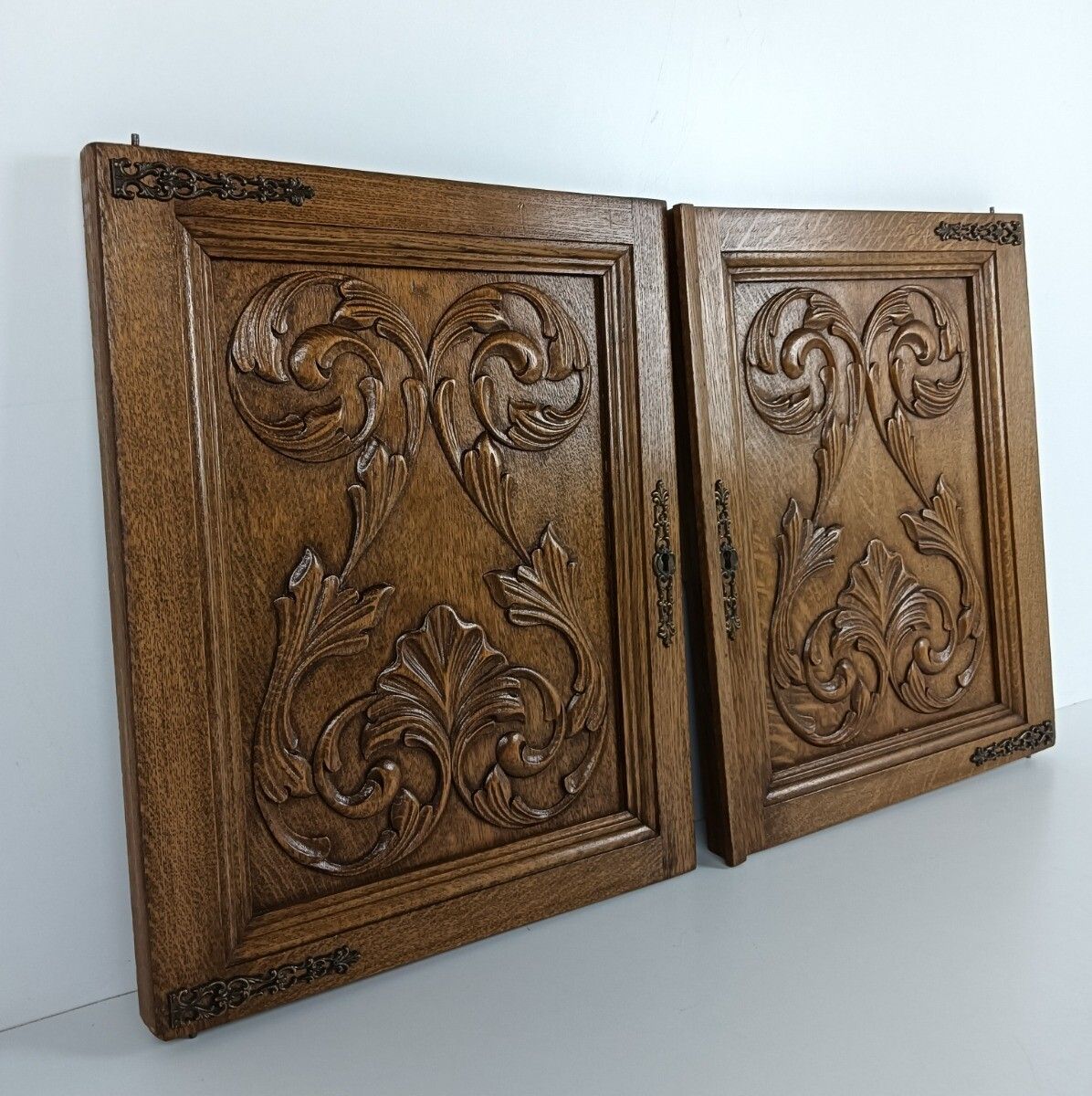 Pair Wooden Door Panels Antique Carved Wood Reclaimed Architectural Salvaged Bra photo for sale