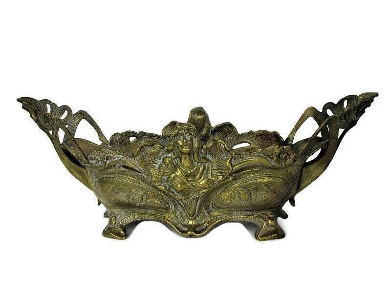 L Art Nouveau French Planter Jardinière Ornate Embossed Centerpiece Brass Merma