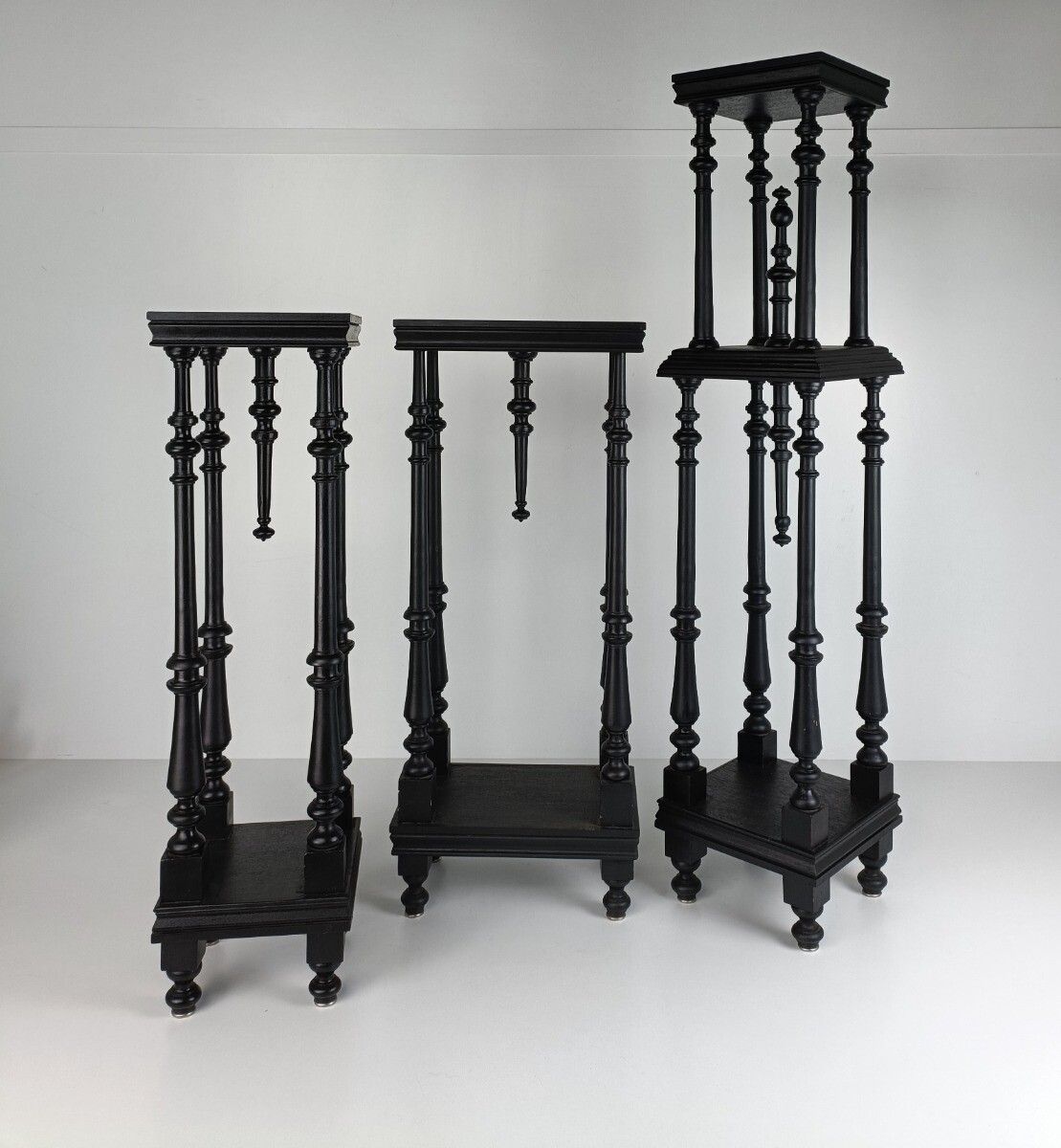 Furniture Black Lacquered Wood Wooden Pedestal Plant Bonsai Stand Console Spindles Two Tie photo