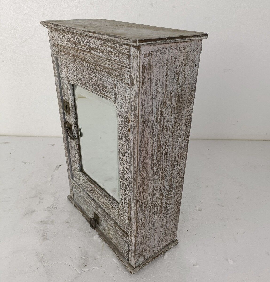 Antique Medicine Apothecary Cabinet Beveled Glass Painted White, Barn Farmhouse photo for sale