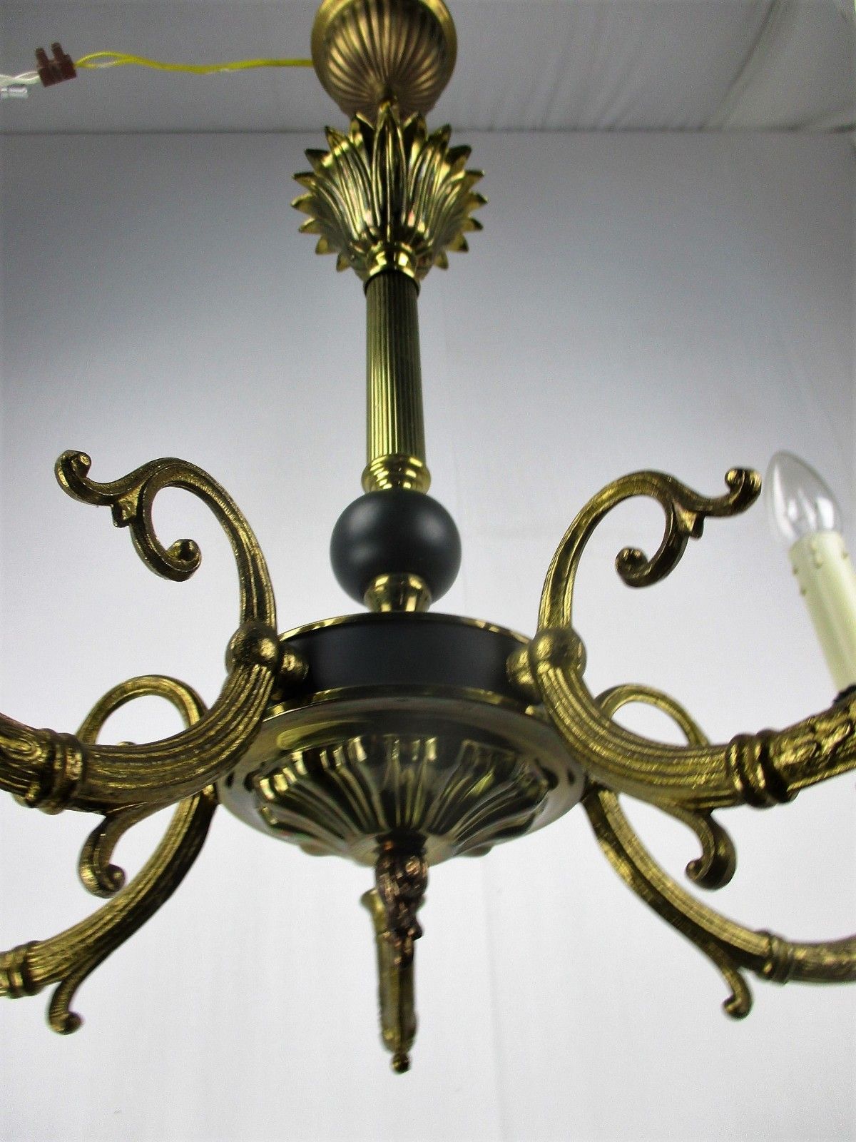 French Empire Pan Chandelier Green Wood Tole Brass 5 Arms Hollywood Regency photo vintage