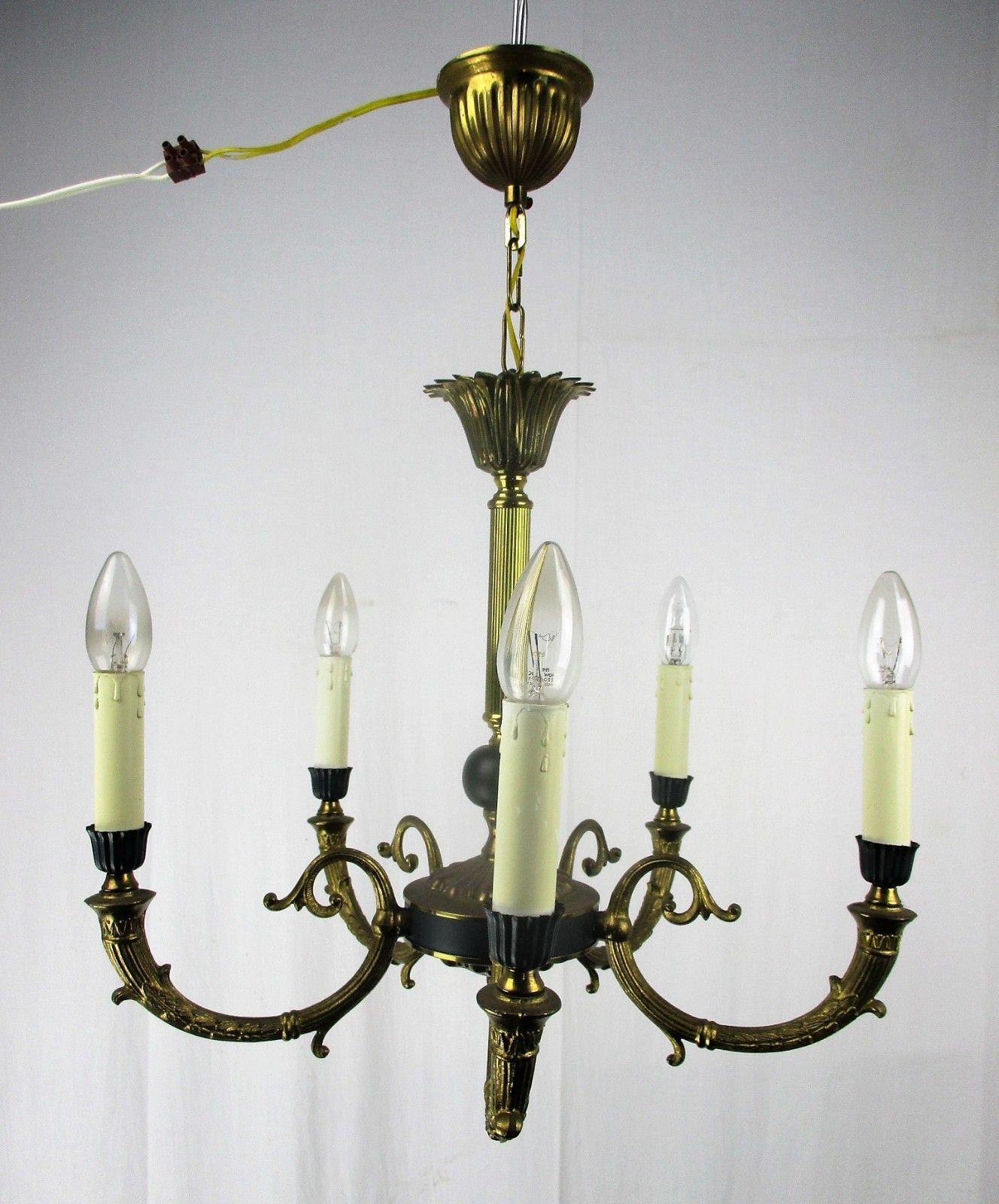 Lighting French Empire Pan Chandelier Green Wood Tole Brass 5 Arms Hollywood Regency photo