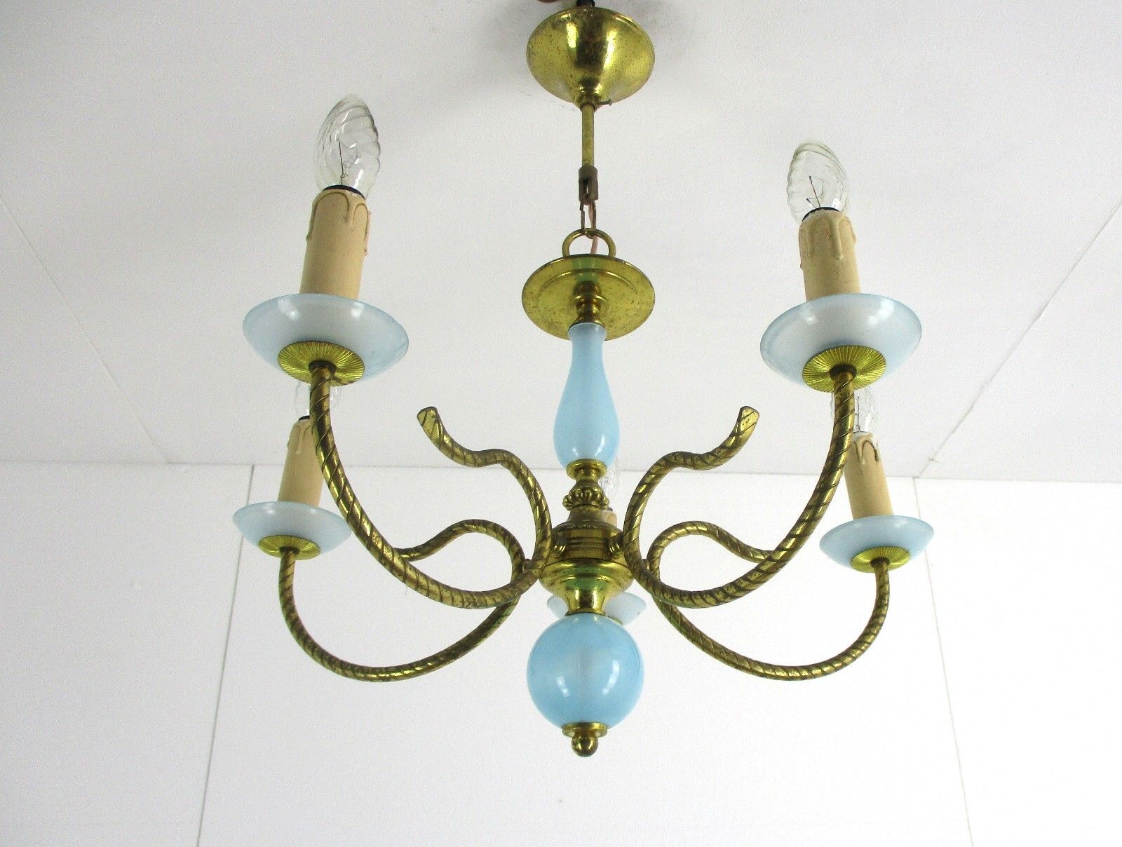 Opaline Baby Blue Brass Chandelier Hollywood Regency Romantic 4 Arm Lights photo Lighting