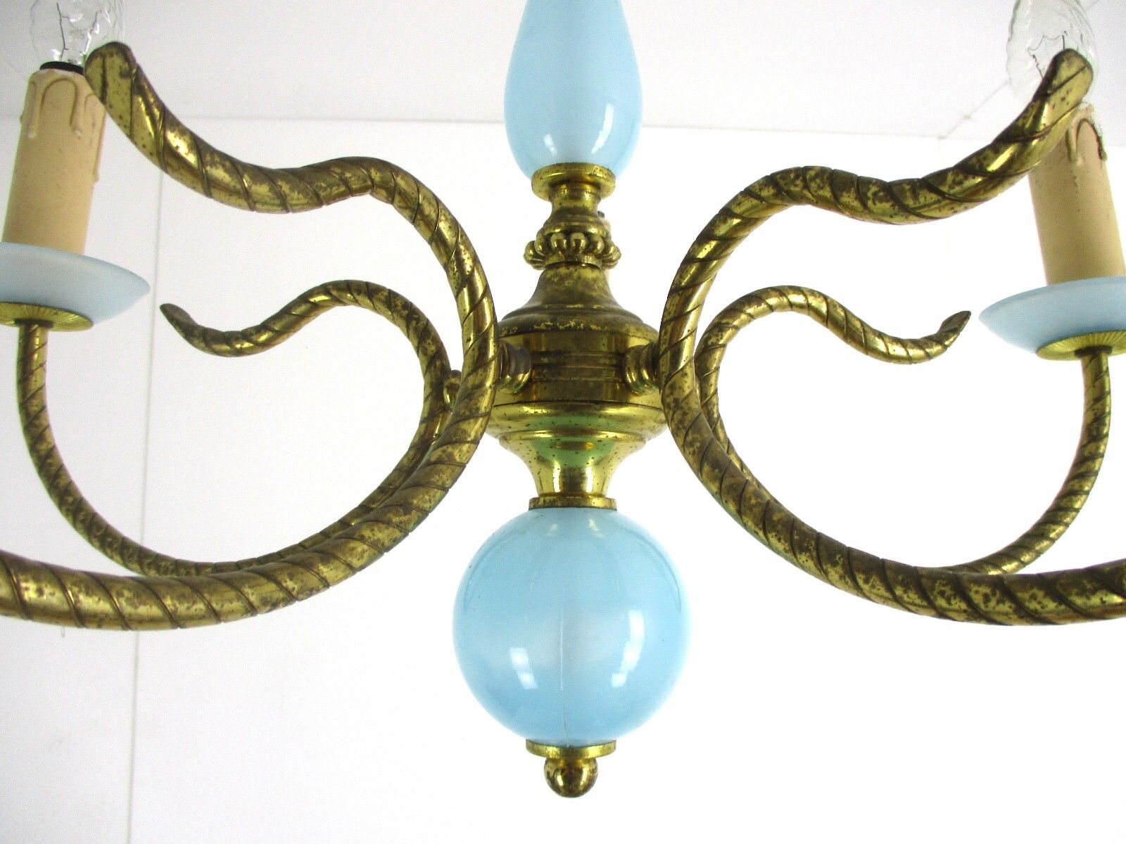 Opaline Baby Blue Brass Chandelier Hollywood Regency Romantic 4 Arm Lights photo vinterior