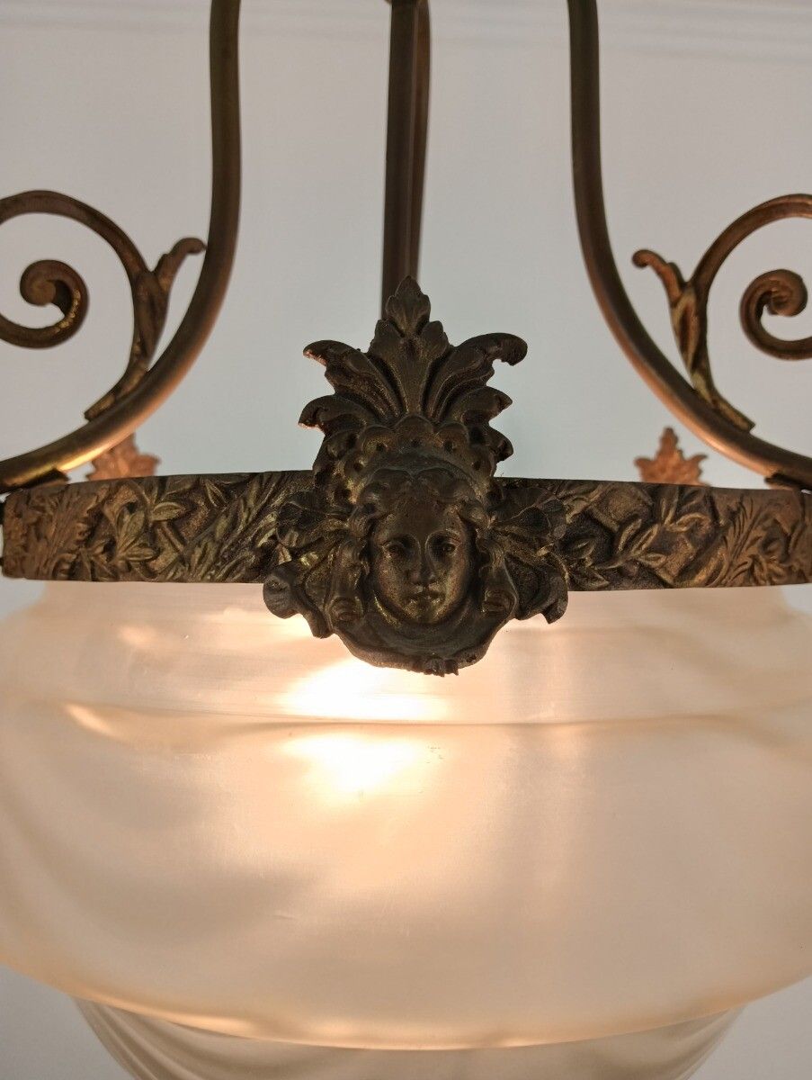 Art Deco Antique Chandelier 4 Lights 4 Arm Glass Flower Shades Brass Gorgeous photo buy