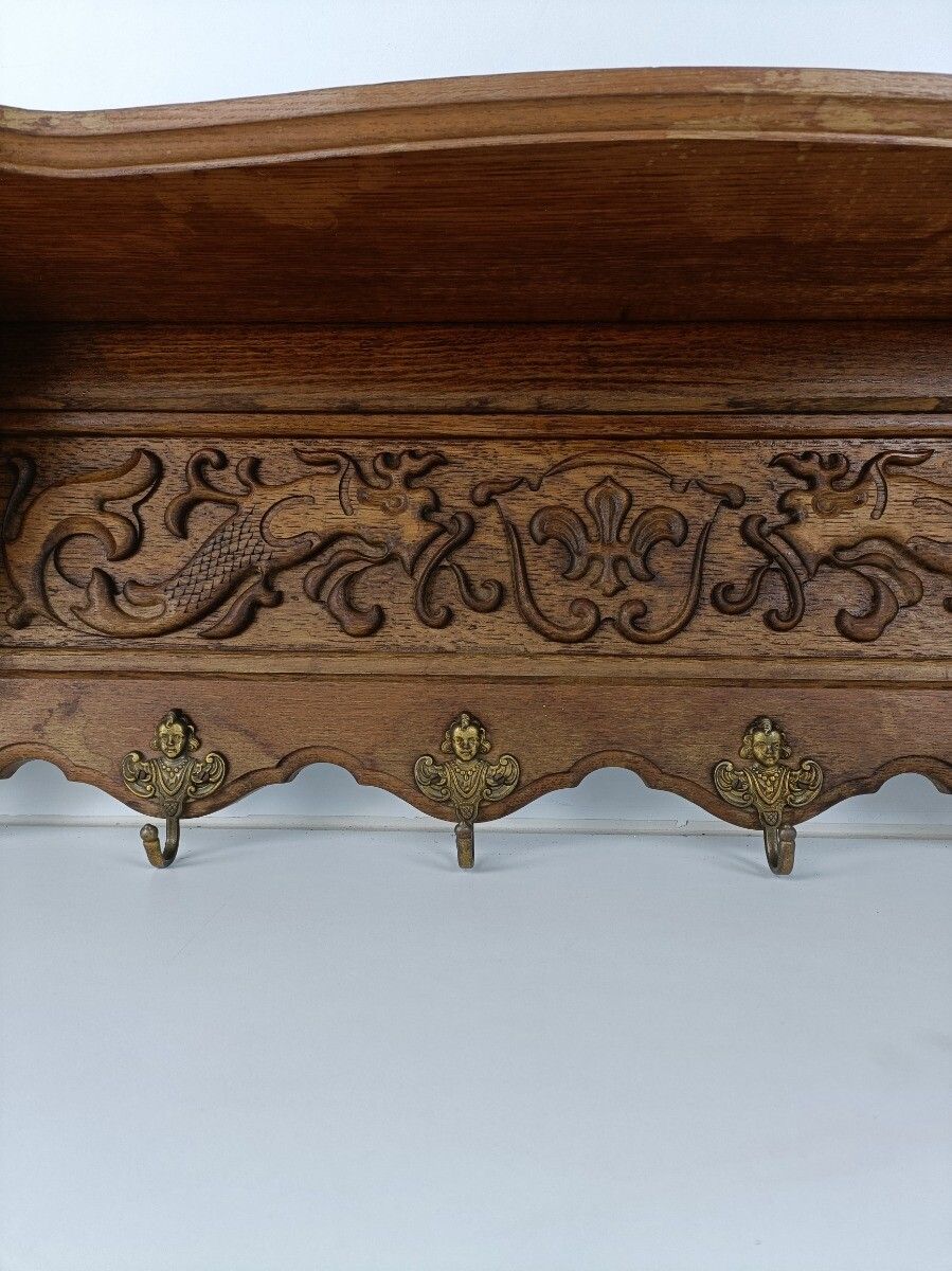 Antique Carved Wood Coat Hat Rack Ornate Etched Hand Carved Wood Oack Angel Hook photo vintage