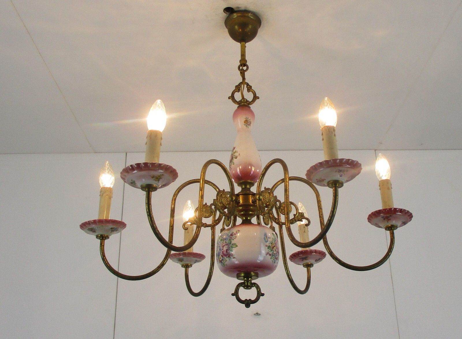Chandelier 6 Arm Lights Italian  Porcelain Flowers Ornate Brass Mid Century photo for sale
