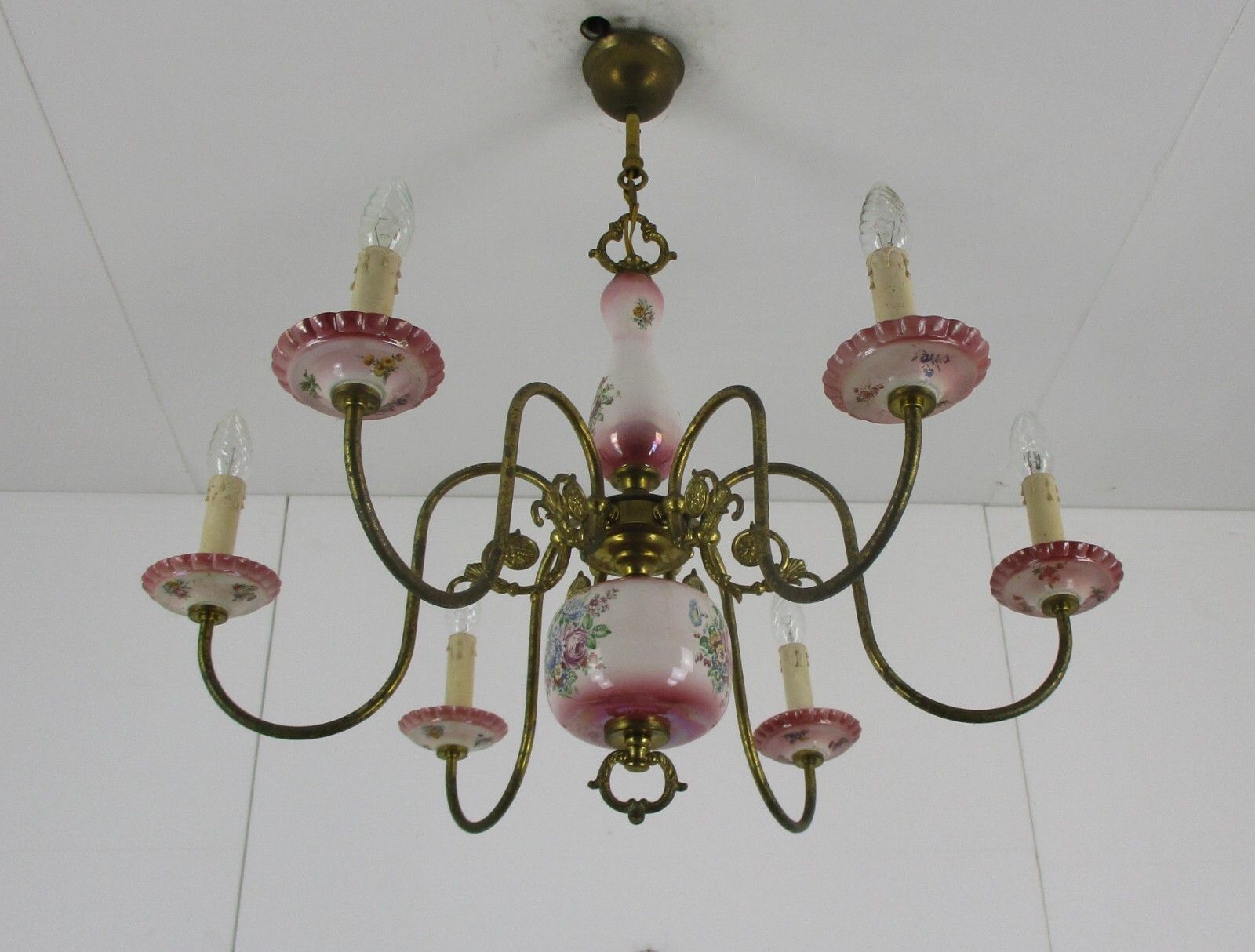 Chandelier 6 Arm Lights Italian  Porcelain Flowers Ornate Brass Mid Century photo Lighting