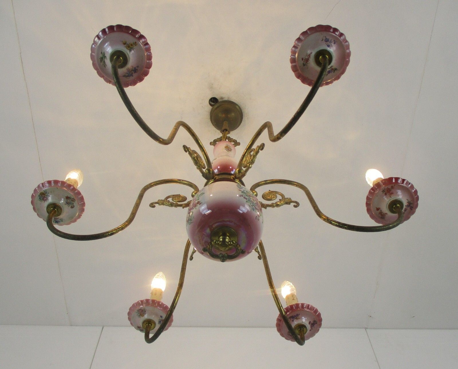 Chandelier 6 Arm Lights Italian  Porcelain Flowers Ornate Brass Mid Century photo buy