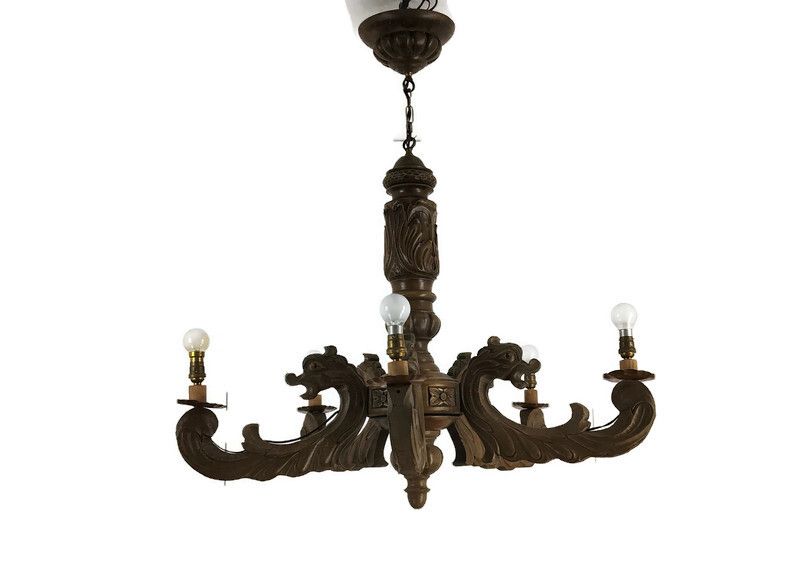 Dragon Gothic Wood Chandelier Hand Carved Wood 5 Arm Lights Gorgeous Wow Vintage