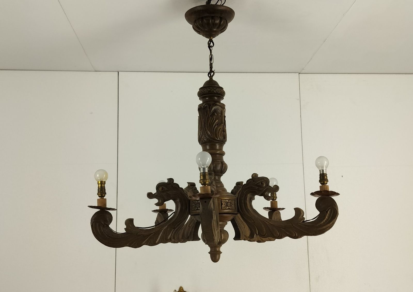 Dragon Gothic Wood Chandelier Hand Carved Wood 5 Arm Lights Gorgeous Wow Vintage photo Lighting