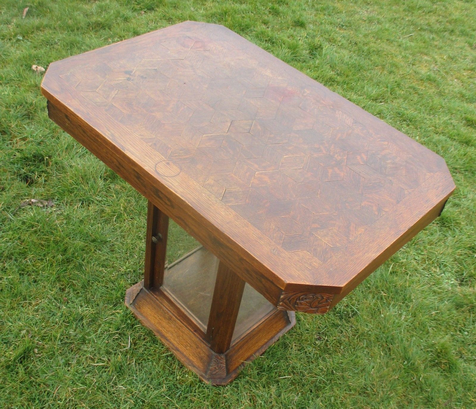Antique Table Display Cabinet In One Inlay Carved Oak Beveled Glass Htf Wow photo for sale