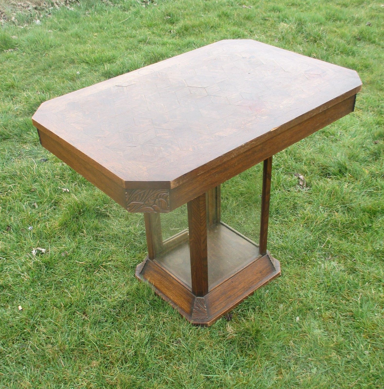 Antique Table Display Cabinet In One Inlay Carved Oak Beveled Glass Htf Wow photo vinterior