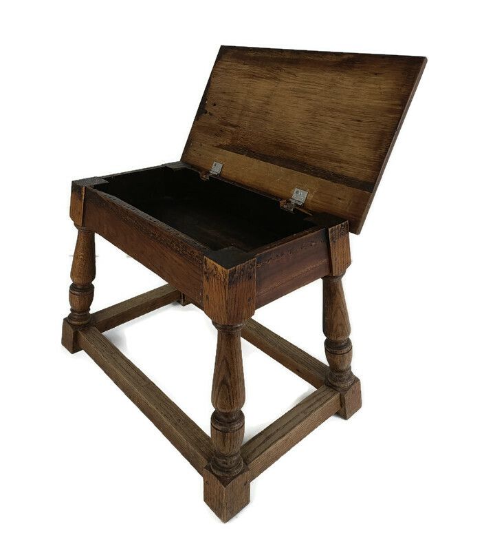 Antique Barn Style Side Table  Oak Carved Tapped Wood Desk Quilting Sewing Table