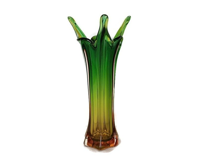 Vintage Fratelli Toso Murano Sommerso Art Glass Vase Green Brown Marked