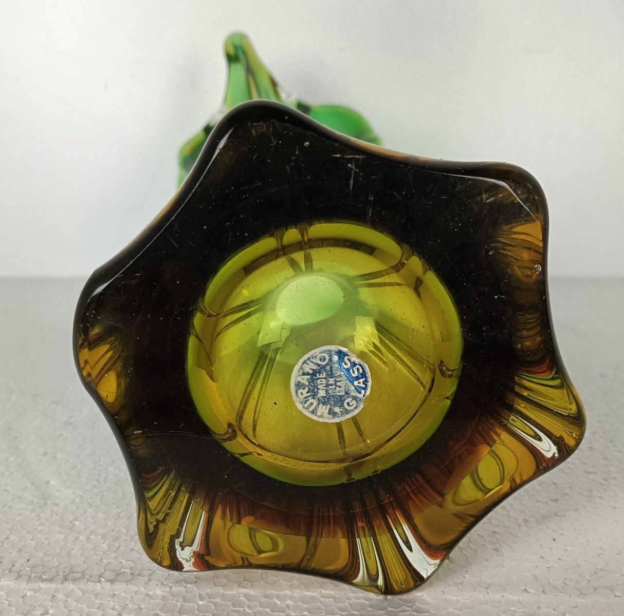 photo furniture Vintage Fratelli Toso Murano Sommerso Art Glass Vase Green Brown Marked