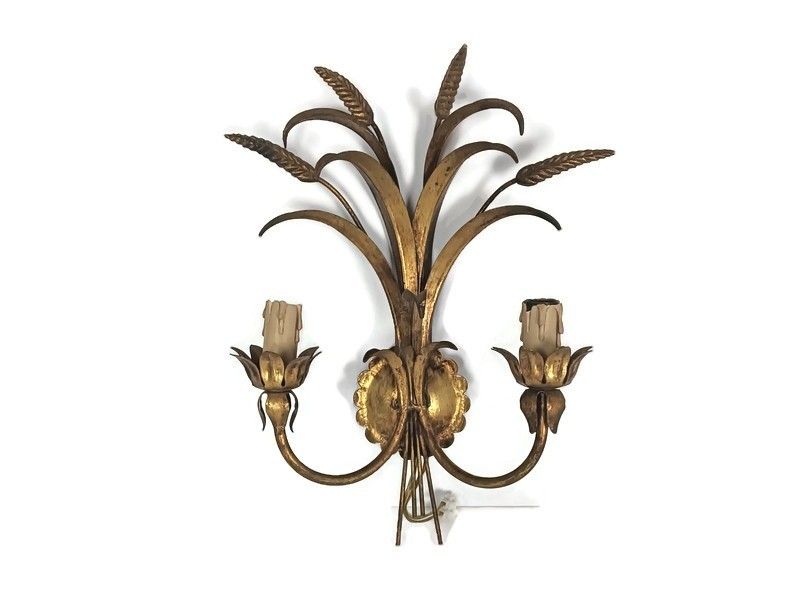 Mid Century Modern Wall Sconce Gold Metal Hollywood Regency Sheaf Of Wheat Gorge