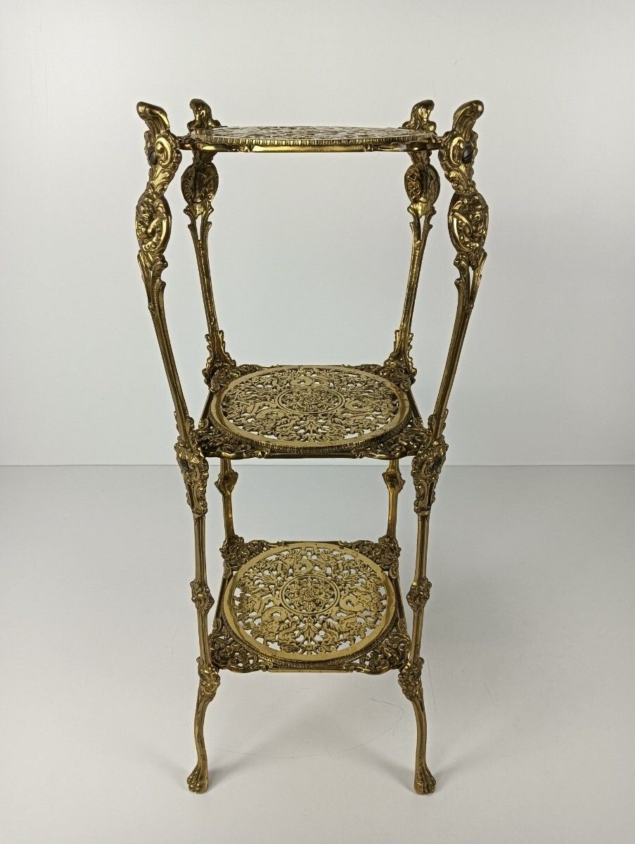 photo for sale Ornate French Brass Pedestal Table Plant Stand 3 Tier Hollywood Regency  Style V