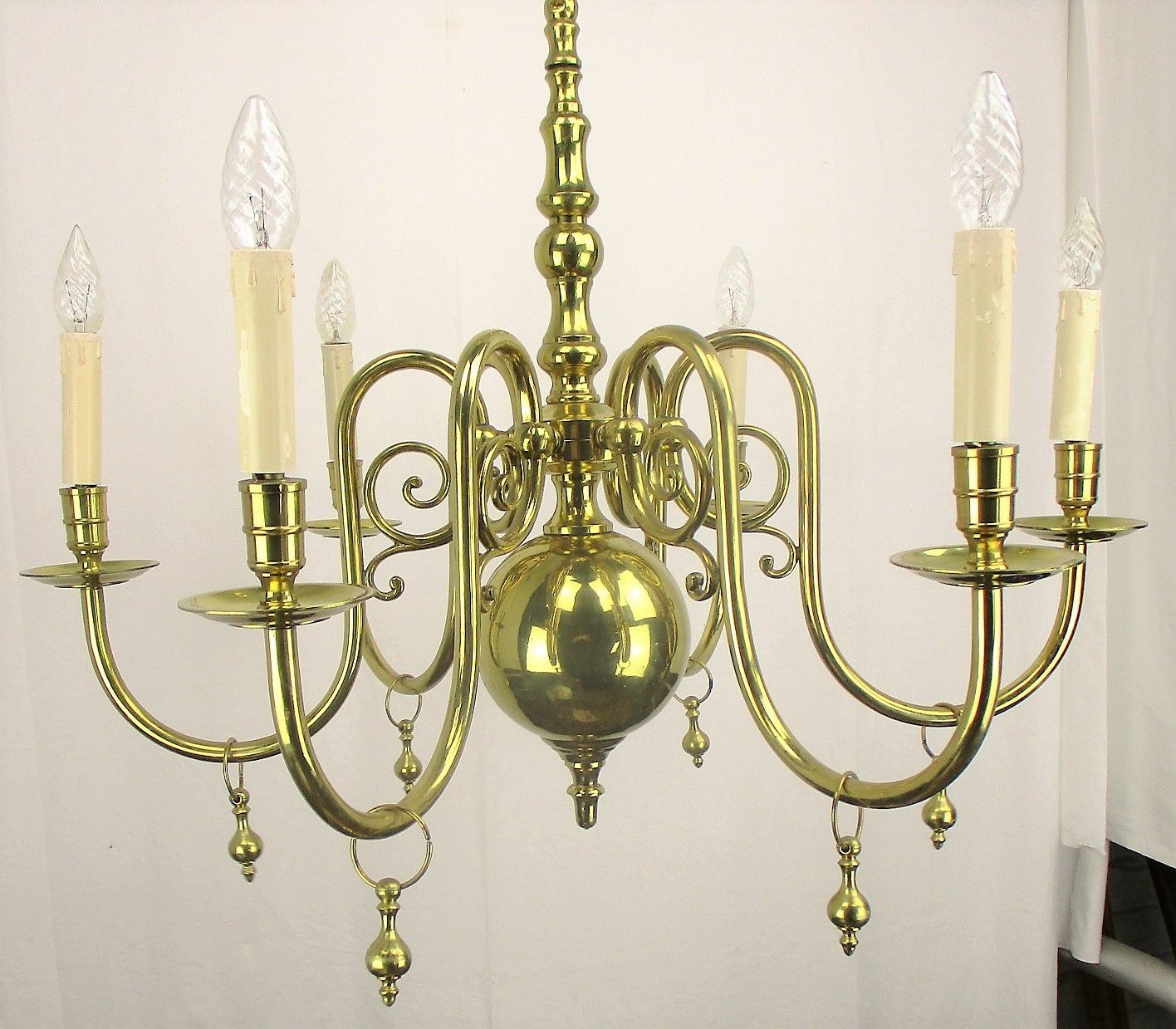 Lovely Brass Chandelier 6 Lights Arms  With Gold Toned Bells Hollywood Regency photo furniture