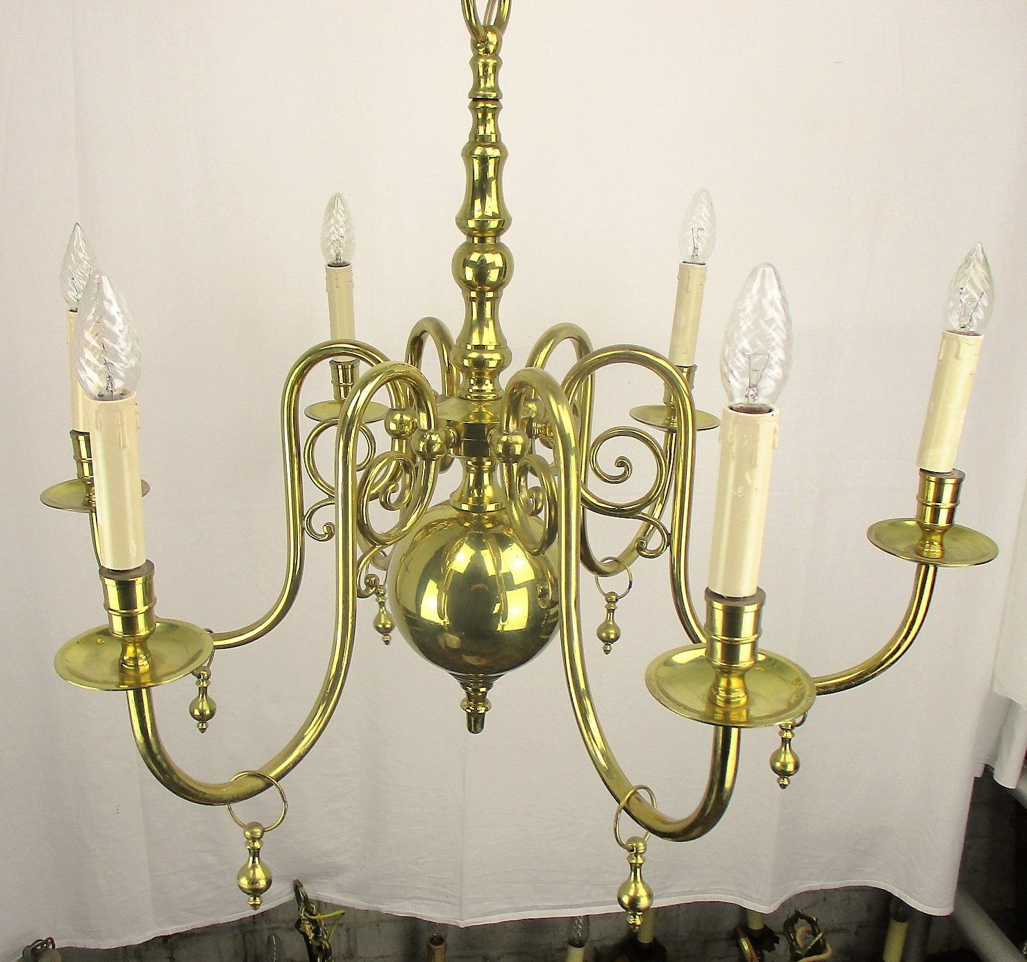 Lovely Brass Chandelier 6 Lights Arms  With Gold Toned Bells Hollywood Regency photo for sale