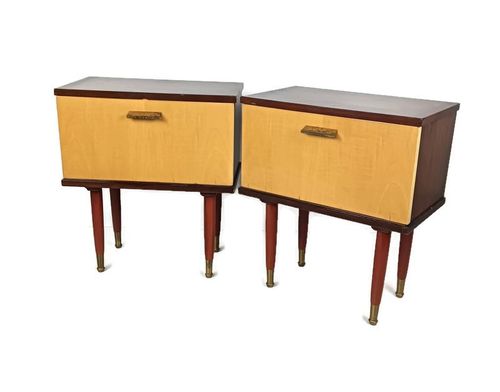 Couple Vintage Nightstands End Tables Cabinets Two Toned Wood Veneer Bedroom Tab