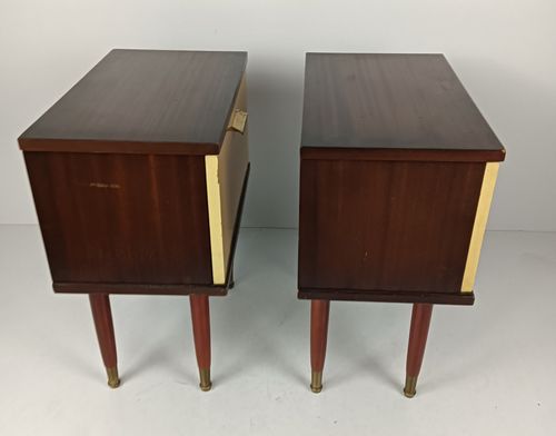 Couple Vintage Nightstands End Tables Cabinets Two Toned Wood Veneer Bedroom Tab photo vintage