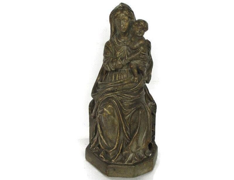 Vintage Statue Sitting Our Lady Virgin Mary Infant Sedes Sapientiae Plaster Gorg