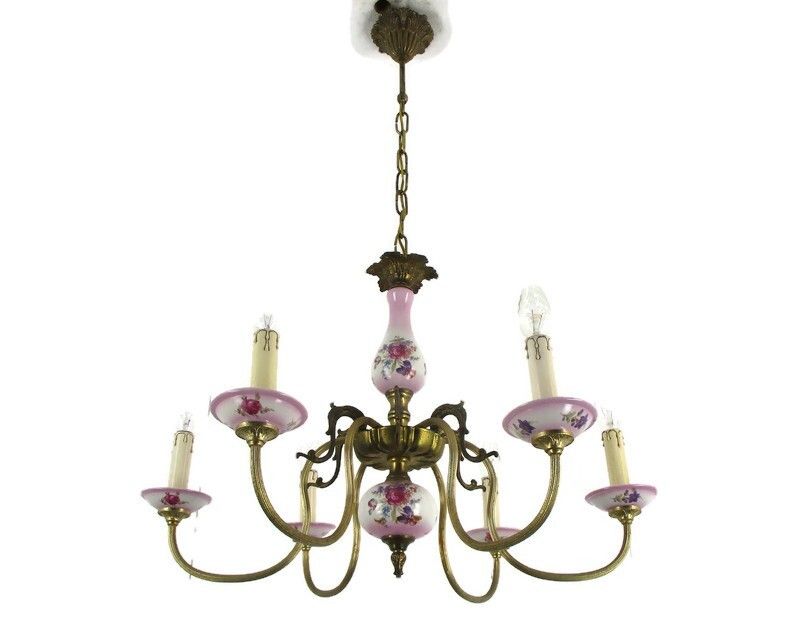 Chandelier 6 Arm Lights Italian  Porcelain Pink Flowers Ornate Brass Mid Century