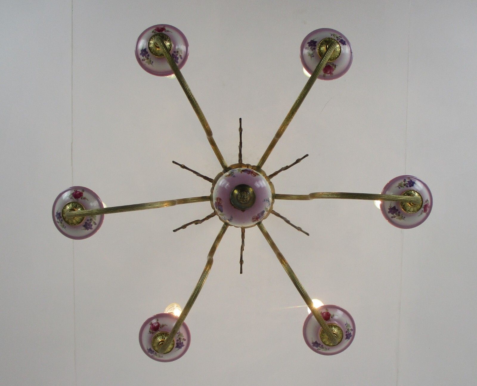 Chandelier 6 Arm Lights Italian  Porcelain Pink Flowers Ornate Brass Mid Century photo buy