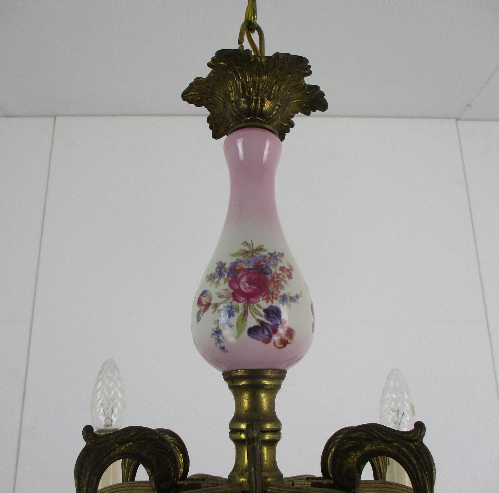 Chandelier 6 Arm Lights Italian  Porcelain Pink Flowers Ornate Brass Mid Century photo vintage