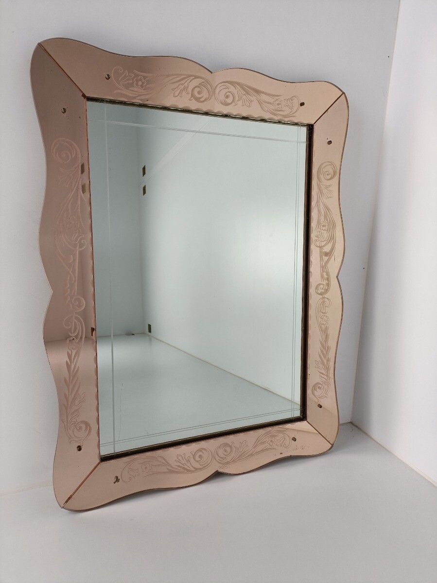 Large Art Deco Nouveau Wall Hanging Ornate Mirror Pink Clear Glass Dresser Vanit photo for sale