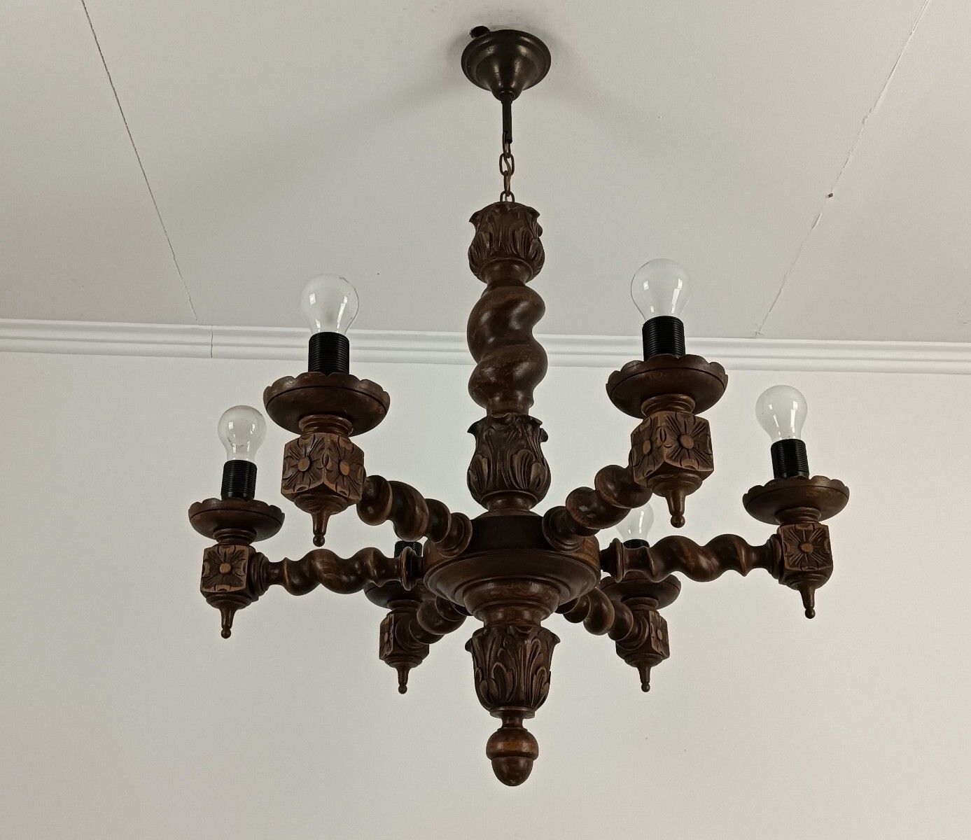 Barley Twist Twisted Wood Chandelier 6 Lights Arm Vintage Beautiful Farmhouse Ba photo for sale